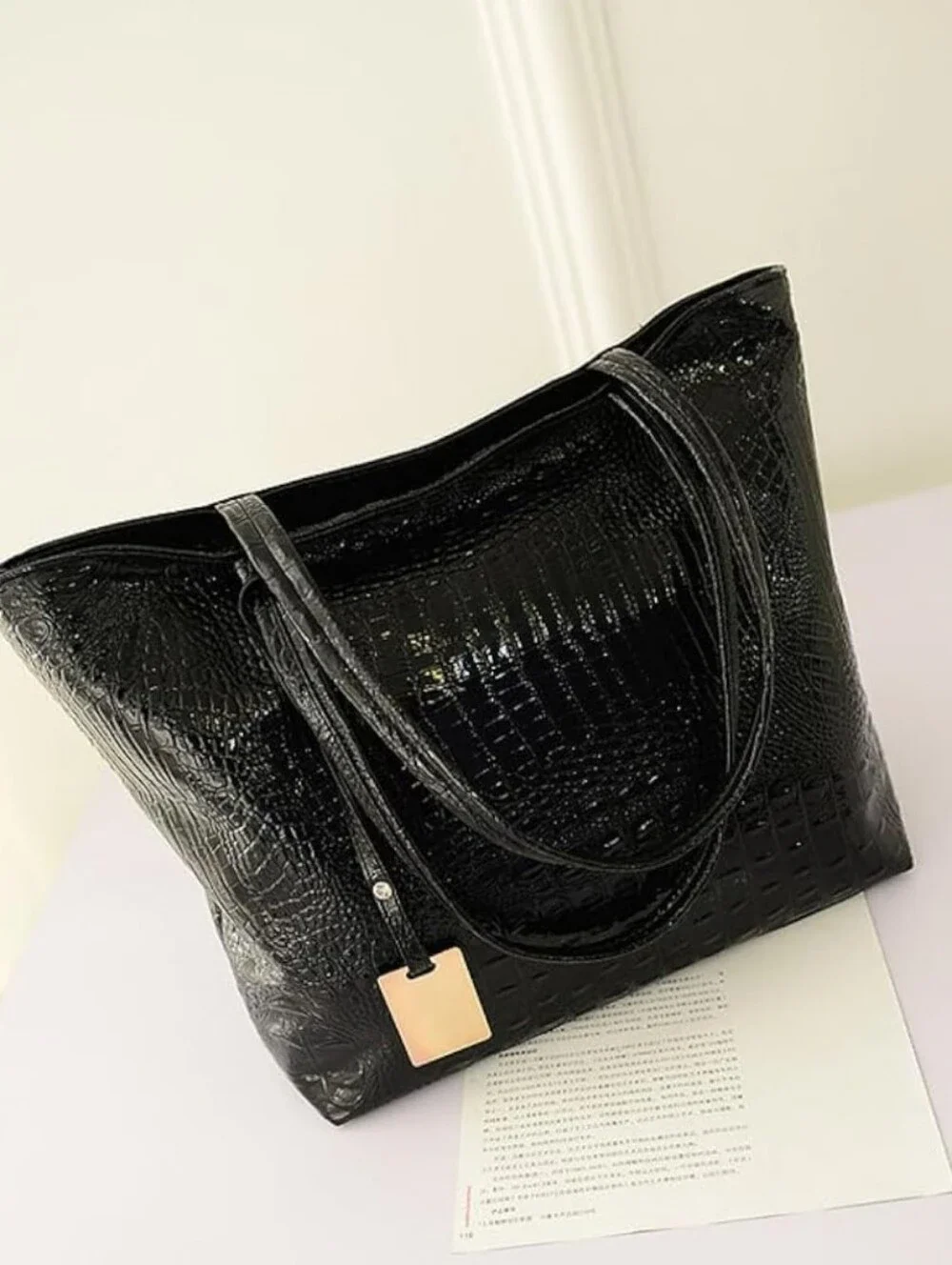Black Croc-Embossed Tote Bag - Women
